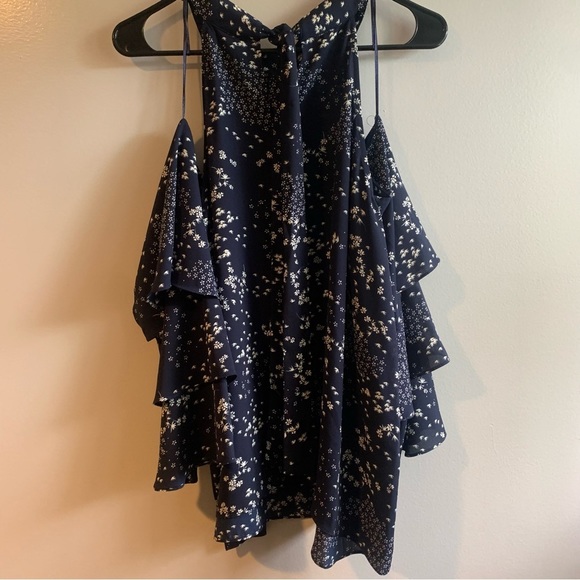 NWT 1. State Blue and White Floral Cold Shoulder High Neck Tiered Blouse XL - Picture 7 of 14